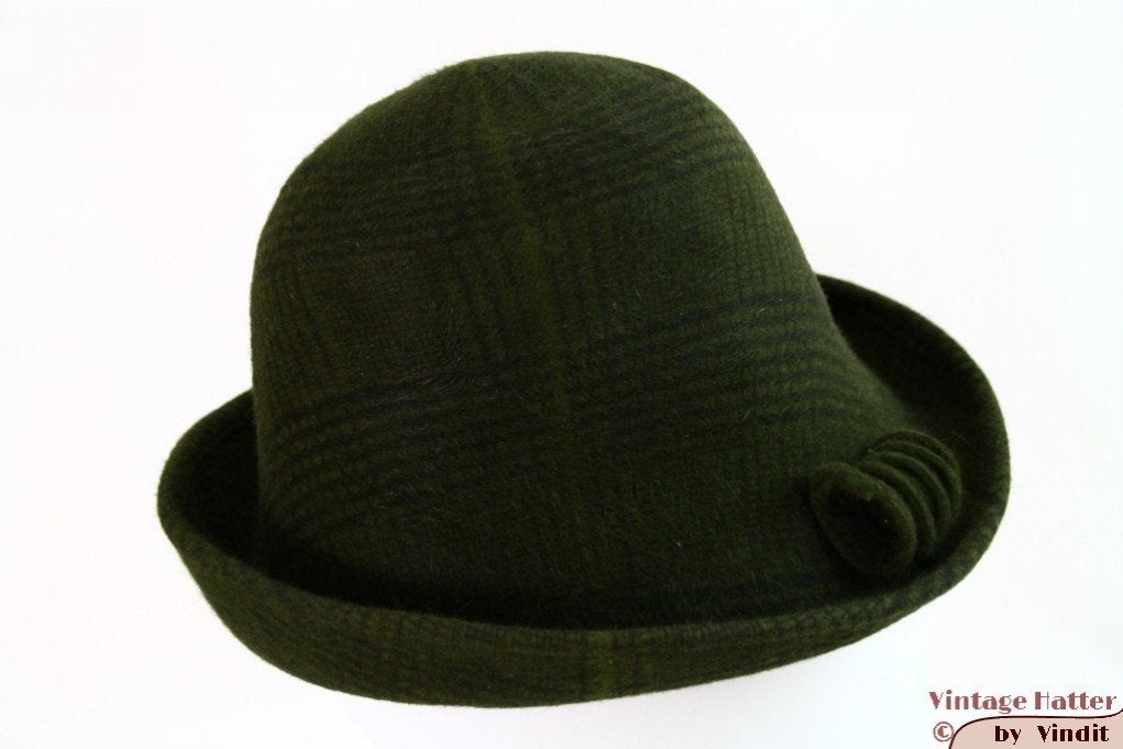 oude Vintage Dameshoed groen geruit 55 = S tot XS, Antiek en Kunst, Ophalen of Verzenden, Dames