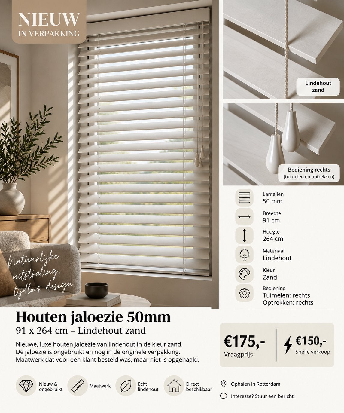 10.Nieuwe houten jaloezie 50mm –91x264 cm – Lindehout zand, Huis en Inrichting, Ophalen of Verzenden, Nieuw, 91 cm, 264 cm