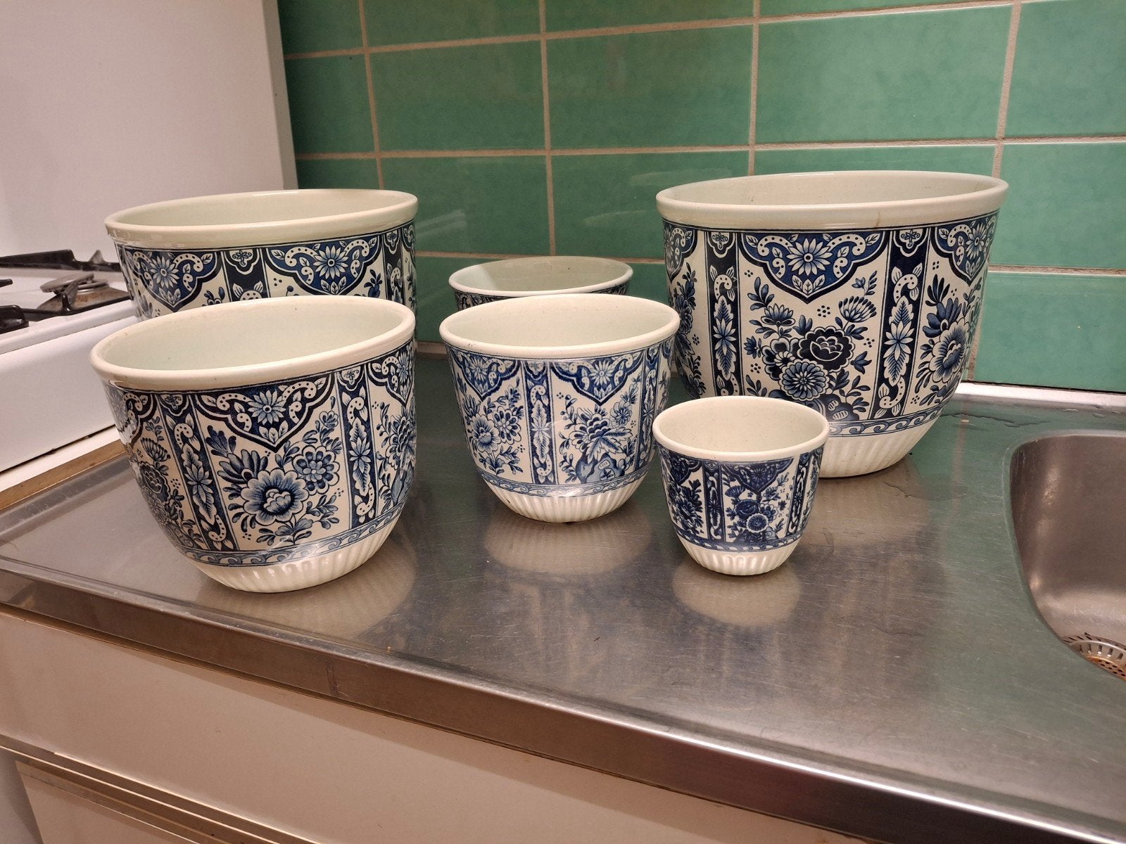 Set van 6 Delfts Blauwe Bloempotten, Boch., Antiek en Kunst, Ophalen of Verzenden