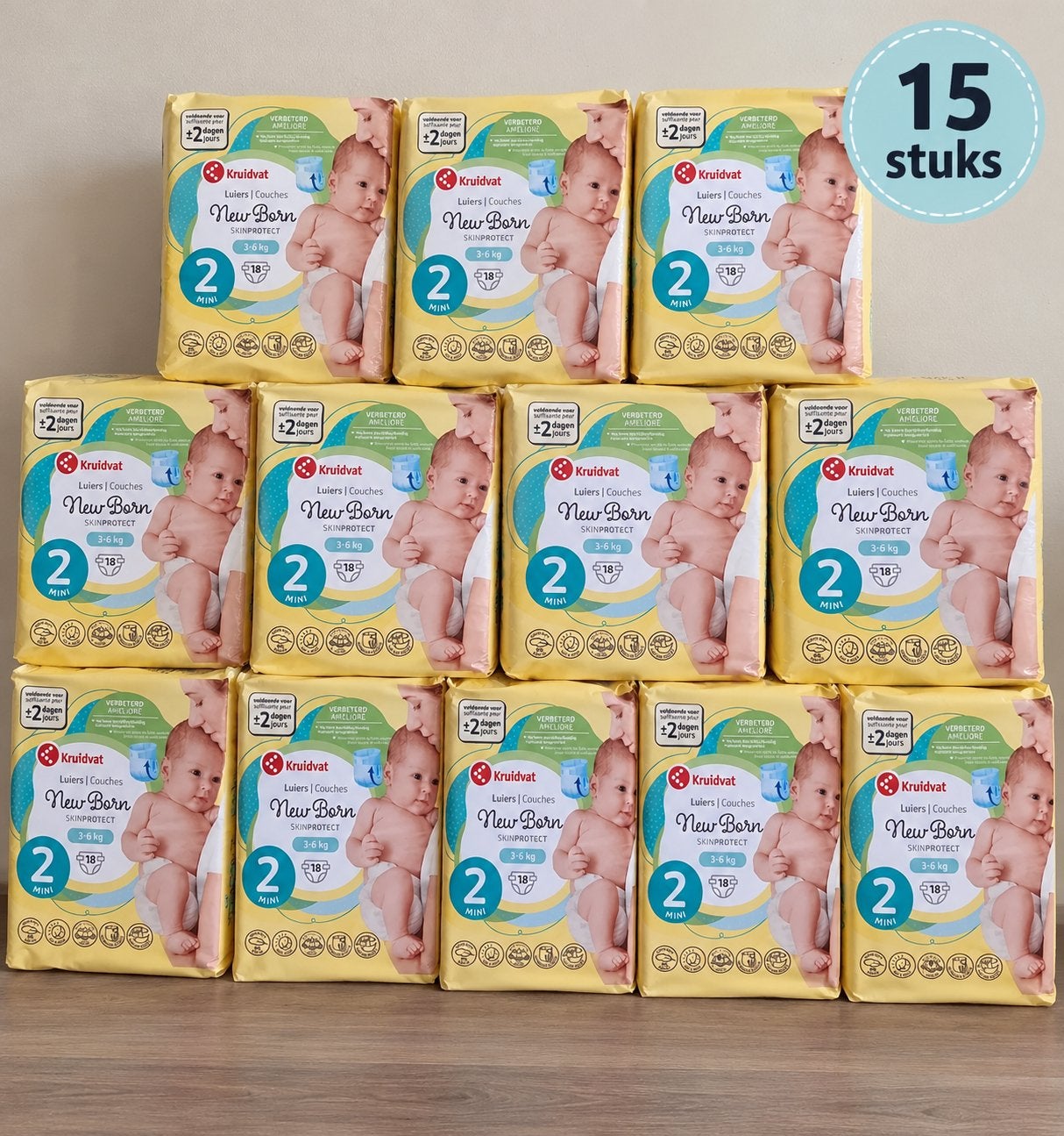 15 pakken Kruidvat New Born luiers maat 2 (3-6kg), Ophalen of Verzenden, Nieuw, Overige typen, Overige merken
