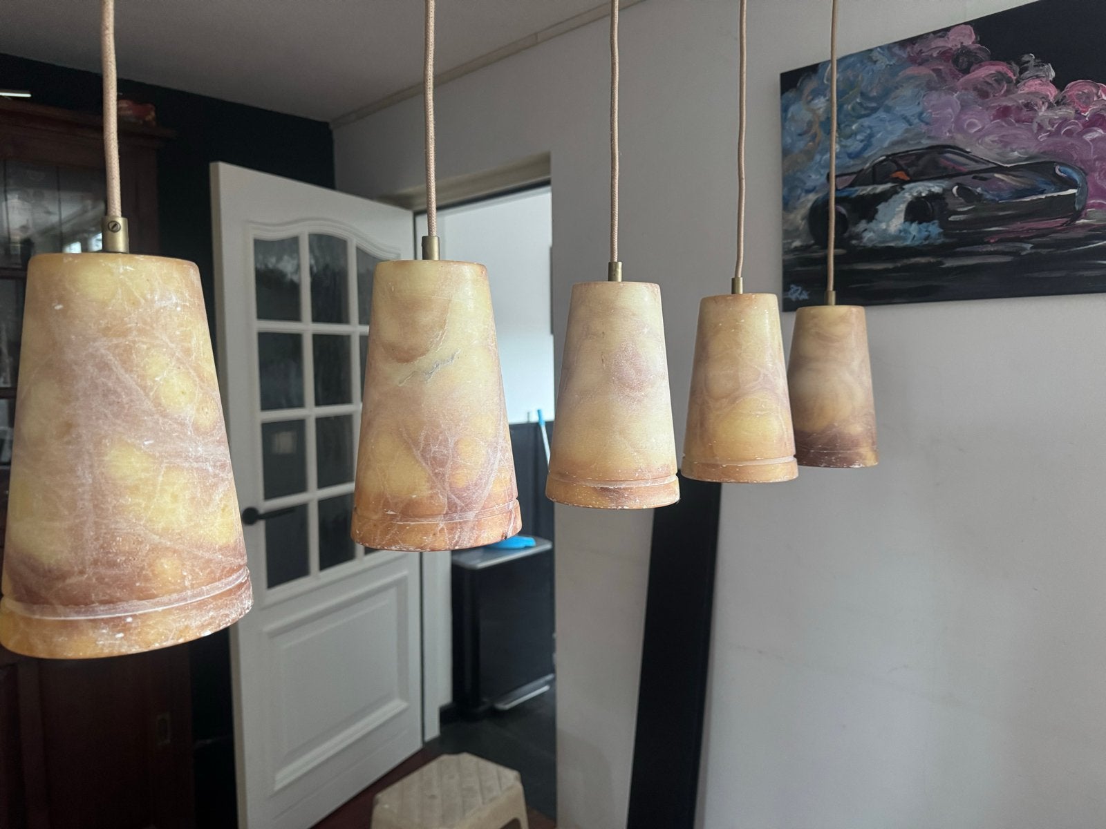 Vintage hanglamp met 5 kelken - Marmerlook, Huis en Inrichting, Ophalen, Gebruikt, Kunststof, E14 (klein)