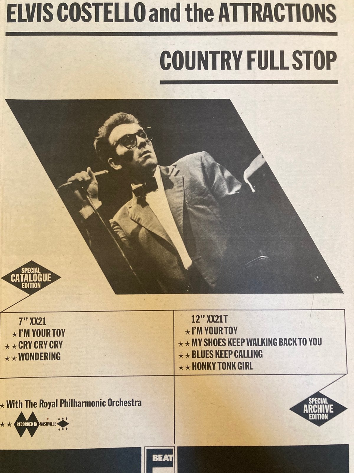 ELVIS COSTELLO Country Full Stop A3 advertentie, Ophalen of Verzenden, Zo goed als nieuw