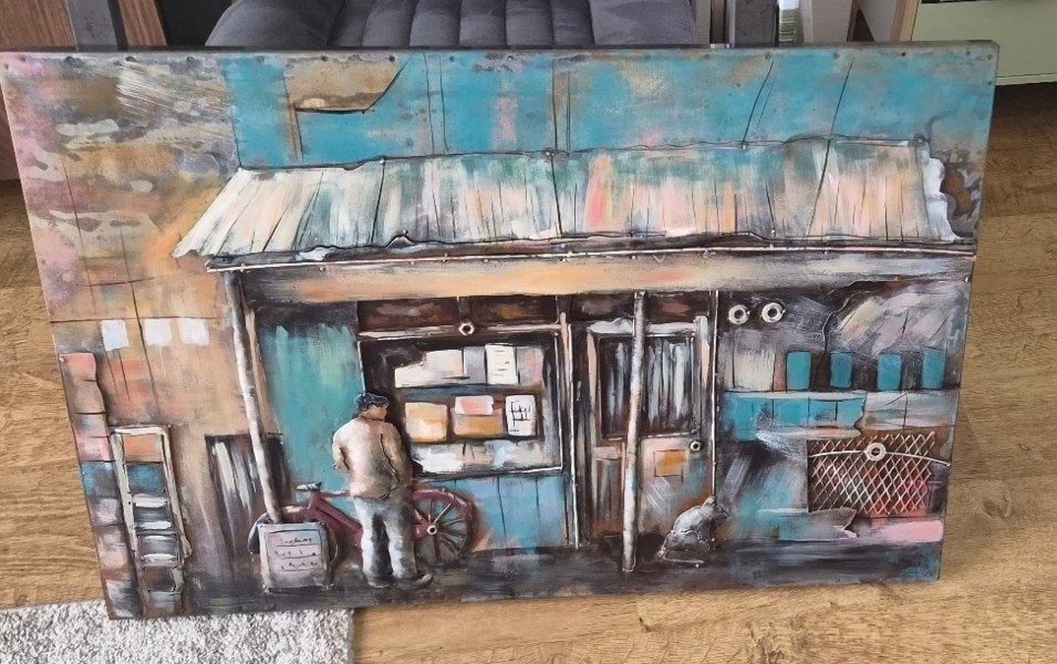 Metalen Schilderij 90x60 cm - Uniek Stadsgezicht, Antiek en Kunst, Ophalen, Metaal, 3D-effect, Stadsgezicht