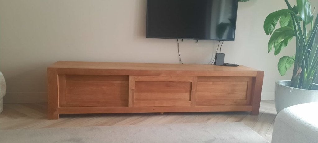 Teak tv meubel, Huis en Inrichting, Kasten | Televisiemeubels, Ophalen, Teakhout, Zo goed als nieuw, 200 cm of meer