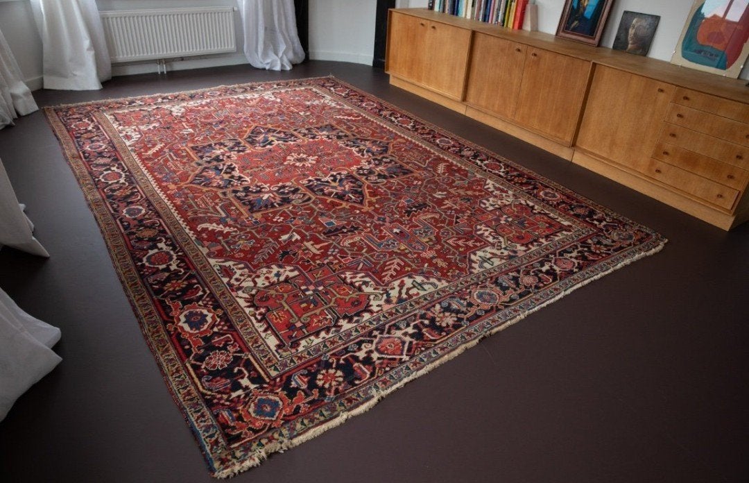 Semi-antiek Perzisch Heriz-tapijt in Serapi-stijl, jaren 50, Ophalen, Gebruikt, Crème, Heriz, Serapi