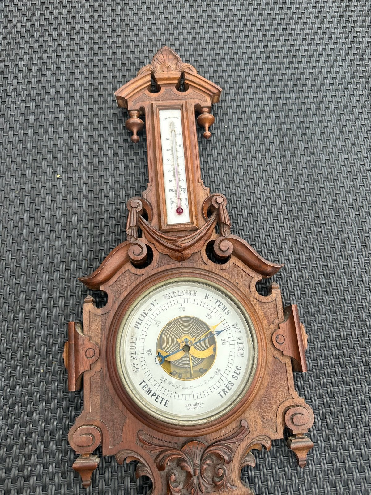 Antieke Barometer en Thermometer - Houtsnijwerk, Ophalen