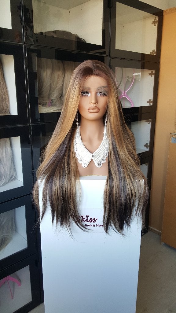 Luxe Lace Pruik: Bruin met Blond gemixt - Stijl - 75 cm, Ophalen of Verzenden, Nieuw, Pruik of Haarverlenging