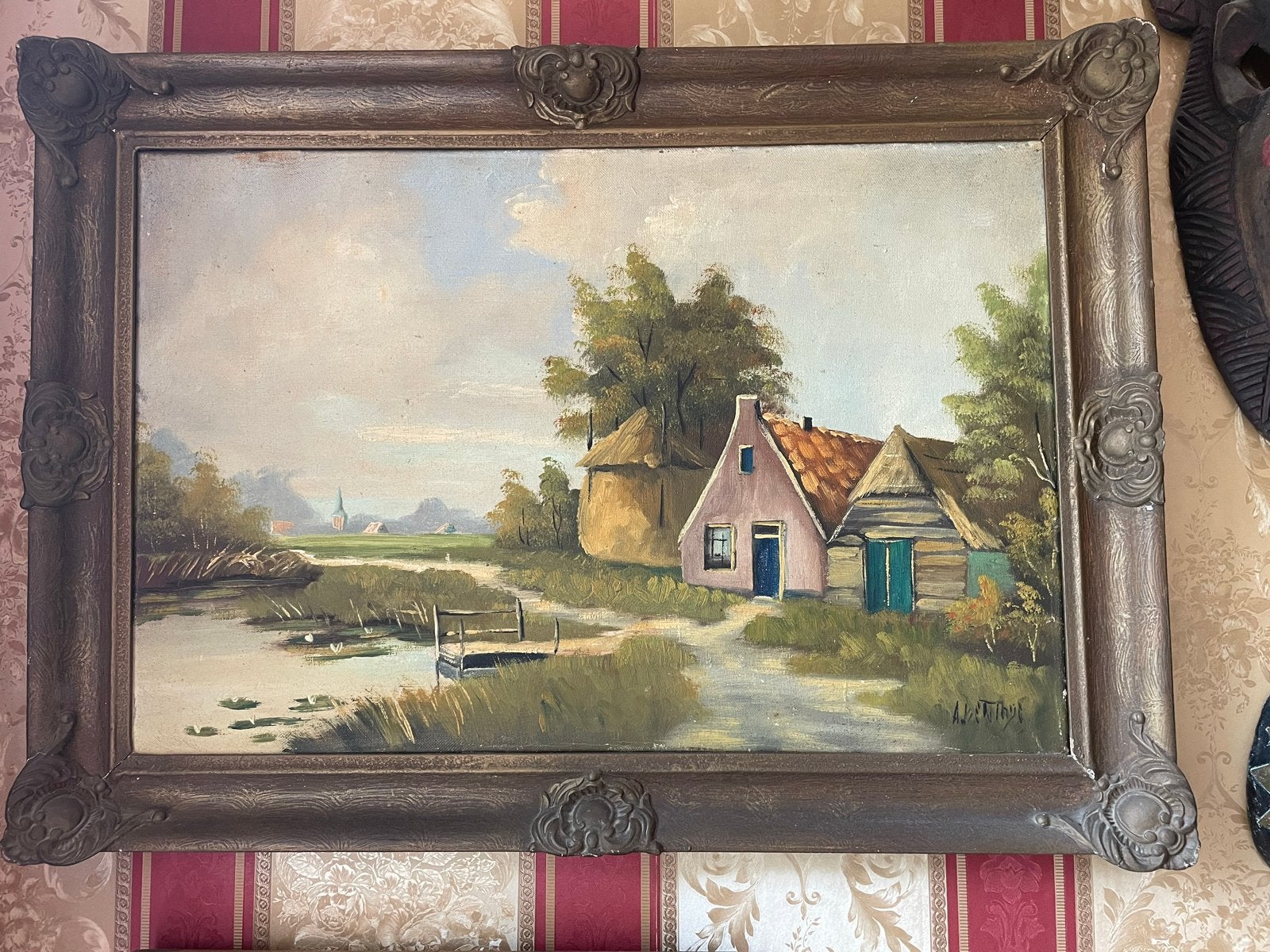Oud Hollands Landschap Schilderij - Boerderij aan het Water, Antiek en Kunst, Ophalen, Doek, Oud hollands, Gesigneerd