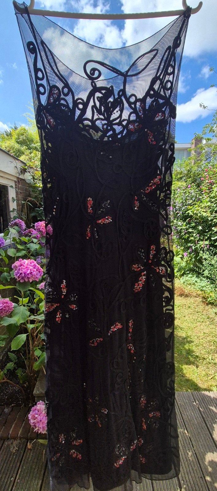 Elegante Zwarte Avondjurk met Kant en Pailletten, Maat 38/40 (M), Zwart, Ophalen of Verzenden, Gedragen