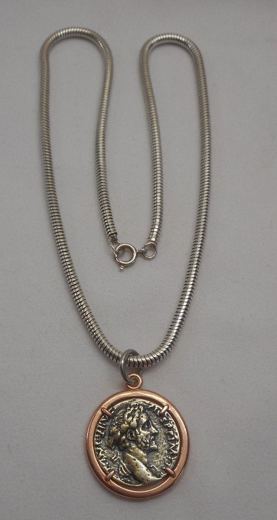 Zilveren grove slangen ketting met munt hanger nr.484, Met hanger, Verzenden, Zo goed als nieuw, Zilver
