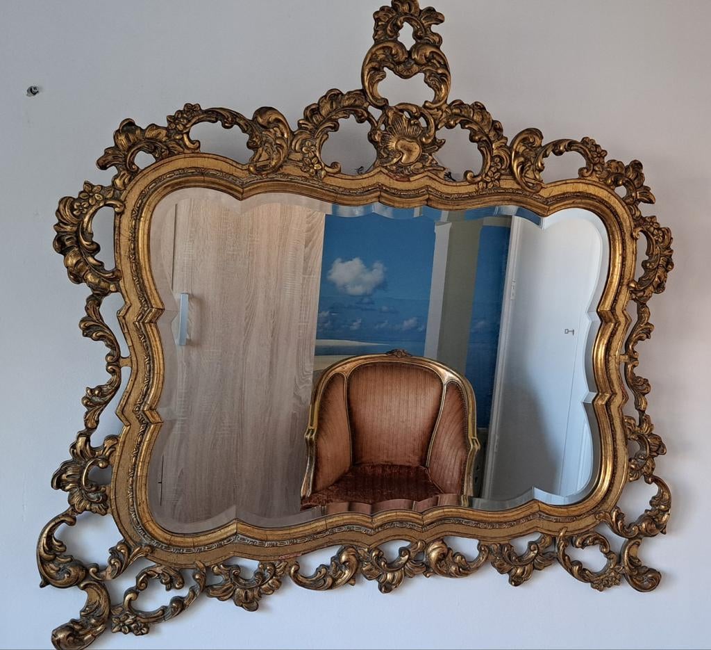 Antieke houten spiegel met geslepen glas, Antiek en Kunst, Antiek | Spiegels, Ophalen, Rechthoekig