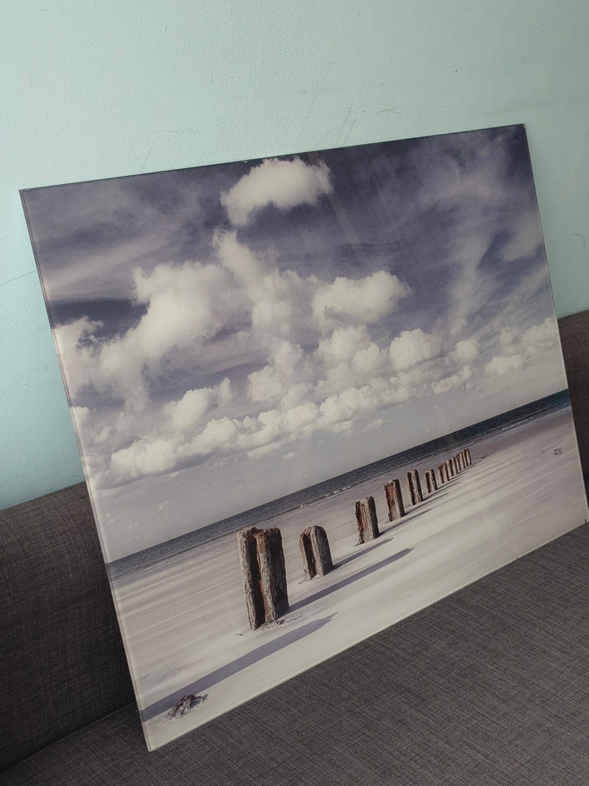 Wanddecoratie strand met palen - Foto op glas, Ophalen, Zo goed als nieuw, 75 tot 100 cm, Foto of Poster
