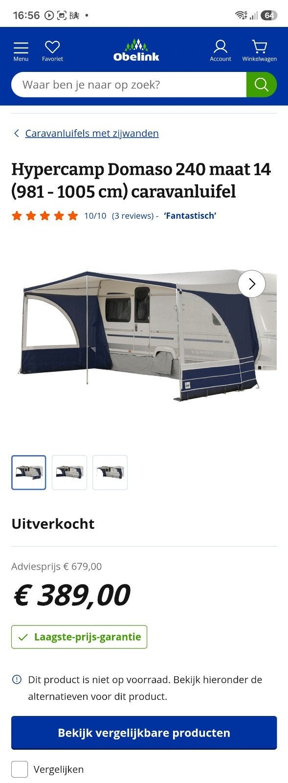 Hypercamp Domaso 240 caravanluifel maat 14 zijwanden+stokken, Caravans en Kamperen, Caravan accessoires, Ophalen, Gebruikt