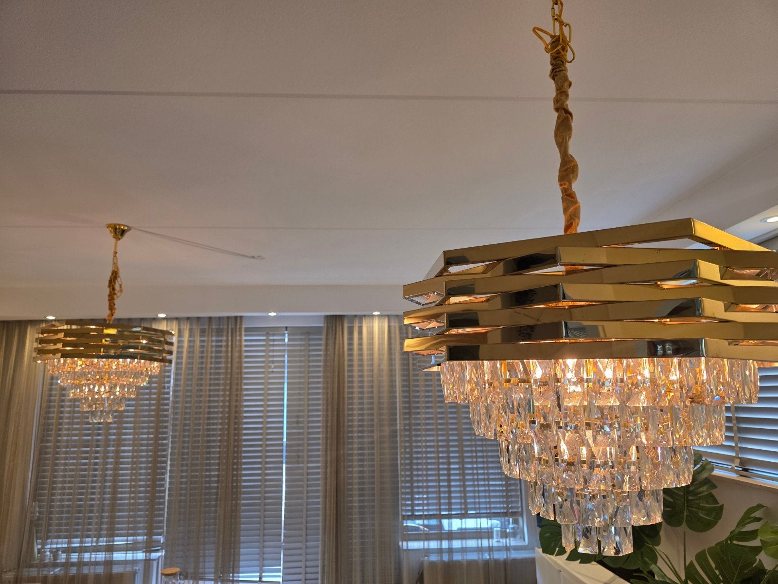 2x luxe gouden kristallen kroonluchter / hanglamp – z.g.a.n., Ophalen, E14 (klein), Zo goed als nieuw, Glas