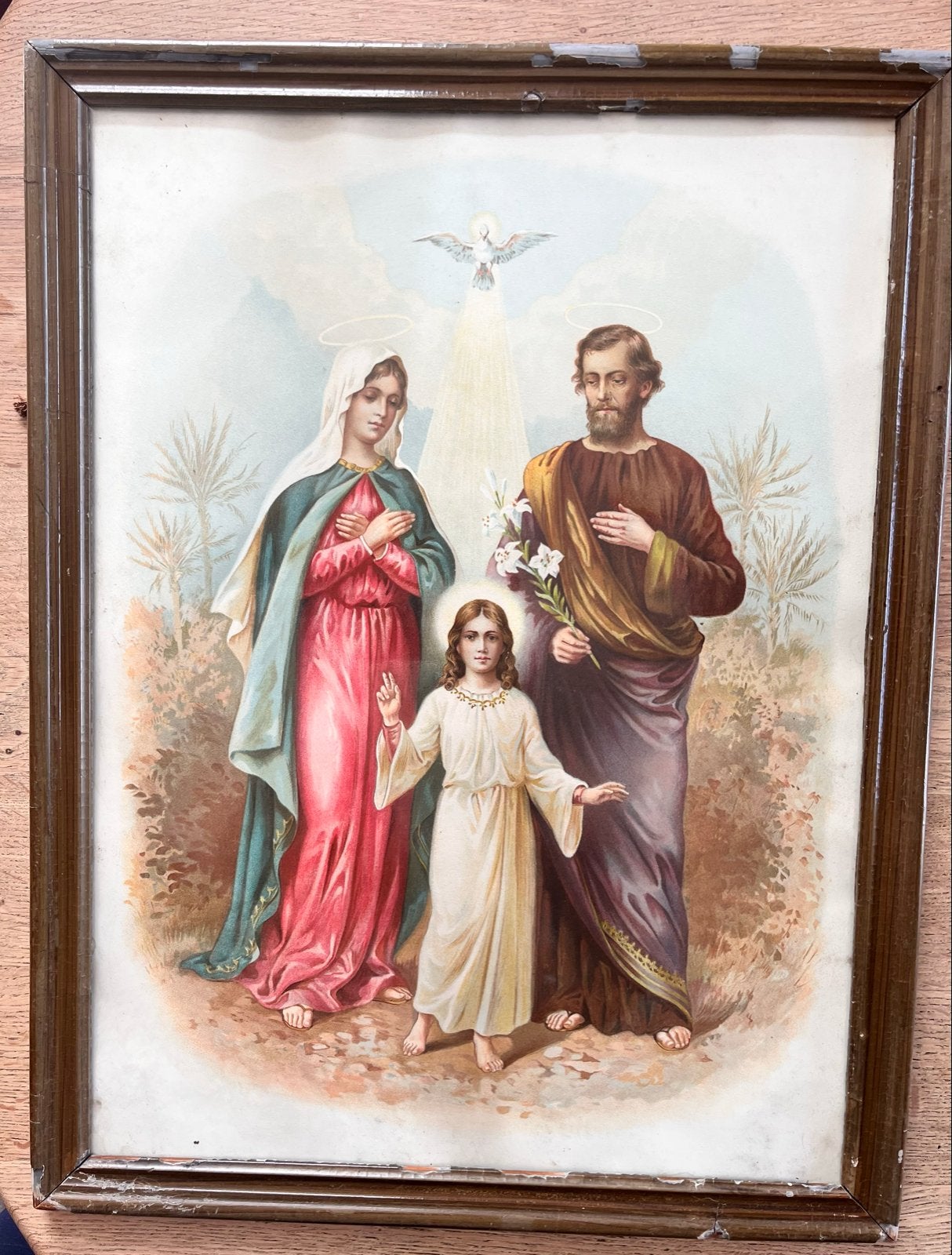 Antieke Heilige Familie Print in Houten Lijst, Antiek en Kunst, Ophalen