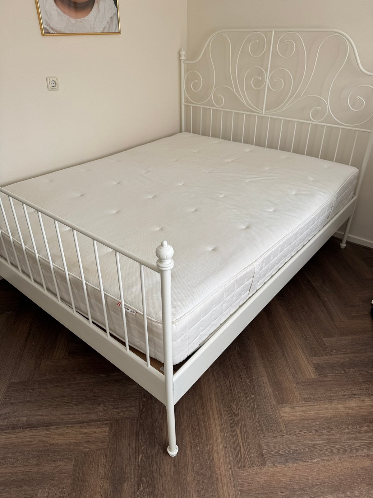 LEIRVIK tweepersoonsbed incl matras en lattenbodem, Ophalen, Wit, Tweepersoons, Zo goed als nieuw