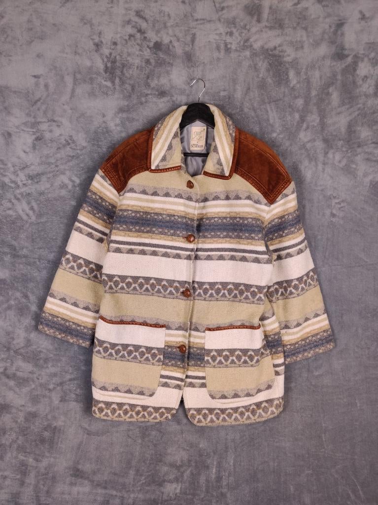 Vintage Jas Mantel Wollen Aztec Maat 36 Bruin-, Kleding | Dames, Jassen | Winter, Zo goed als nieuw, Maat 36 (S), Bruin, Ophalen of Verzenden