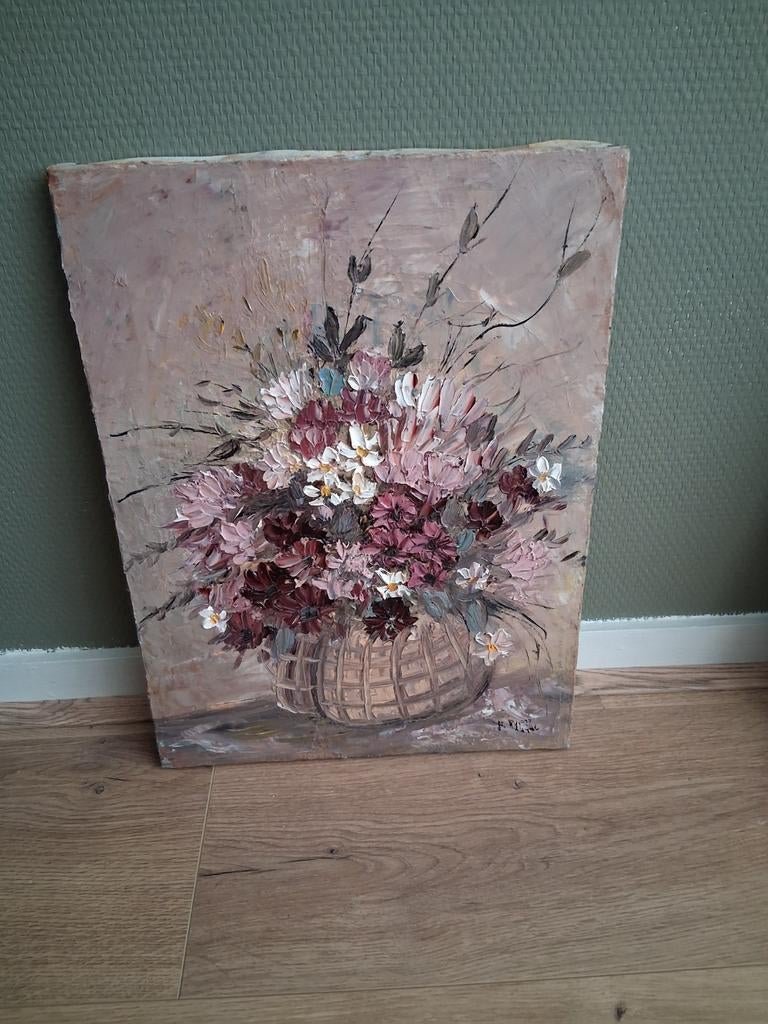Oud schilderij bloemen in mand gesigneerd, Ophalen of Verzenden