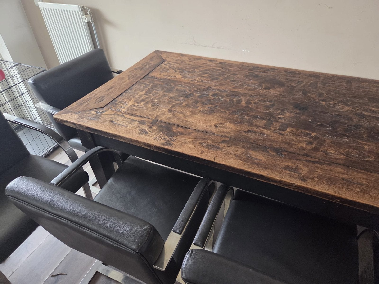 Robuuste eettafel (90x200cm) met 6 leren stoelen, Huis en Inrichting, Tafels | Eettafels, Ophalen, Gebruikt, 50 tot 100 cm, Vijf personen of meer