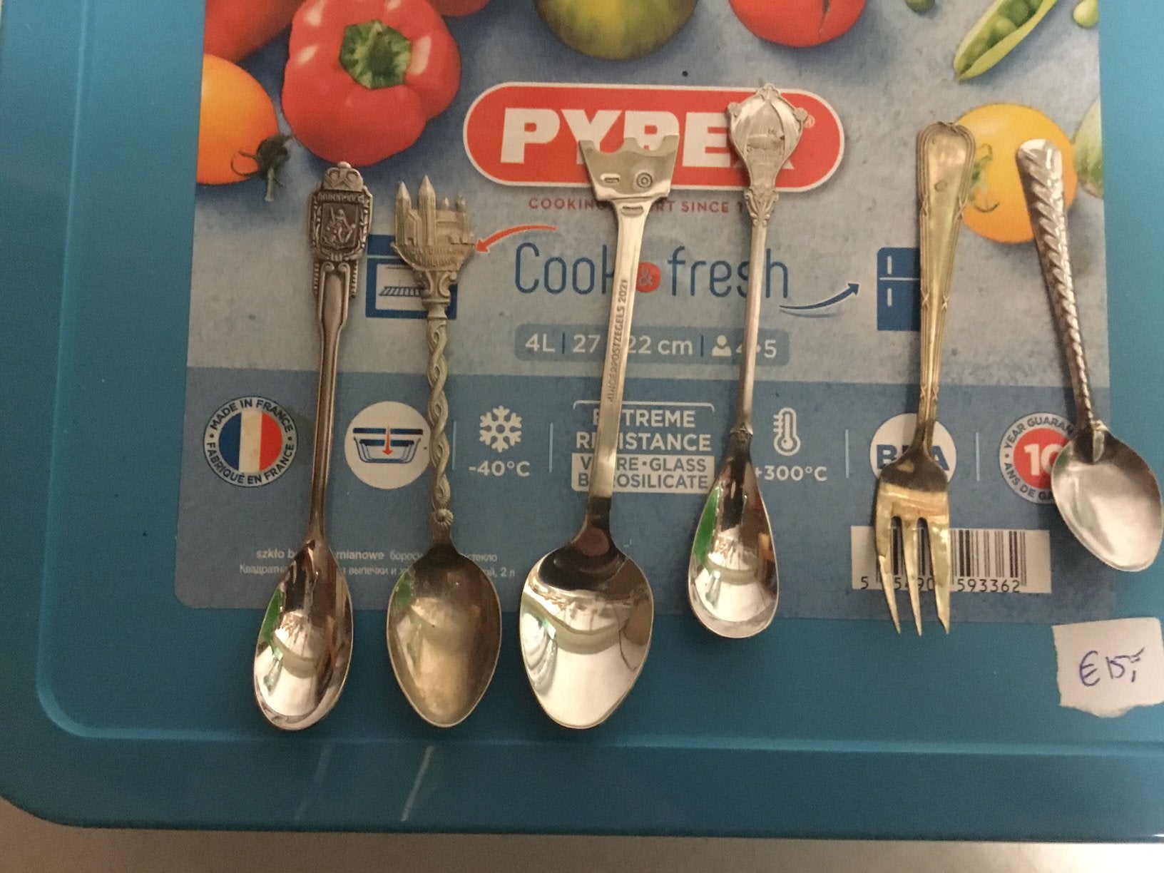 5 theelepels en vork ( zie omschrijving), Overige materialen, Los bestek, Zo goed als nieuw, Theelepel