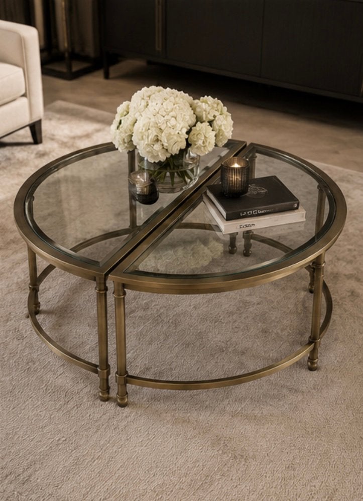 Salontafel Eichholtz antiq brass met face geslepen glas, Ophalen, Rond, 50 tot 100 cm, Glas