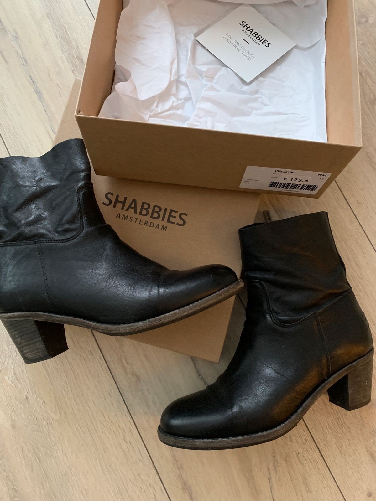 Shabbies - zwart leren enkellaarsjes izgs mt.41 nw.pr. 175,-, Kleding | Dames, Shabbies Amsterdam, Zwart, Lage of Enkellaarzen