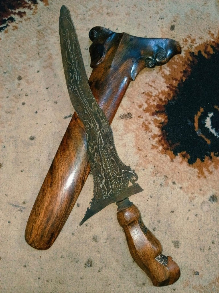 Antieke Keris Singa 3 Luk Pamor Ngulit Semangka Teak SVB95, Wapen, Verzenden, Overige materialen, Indonesië