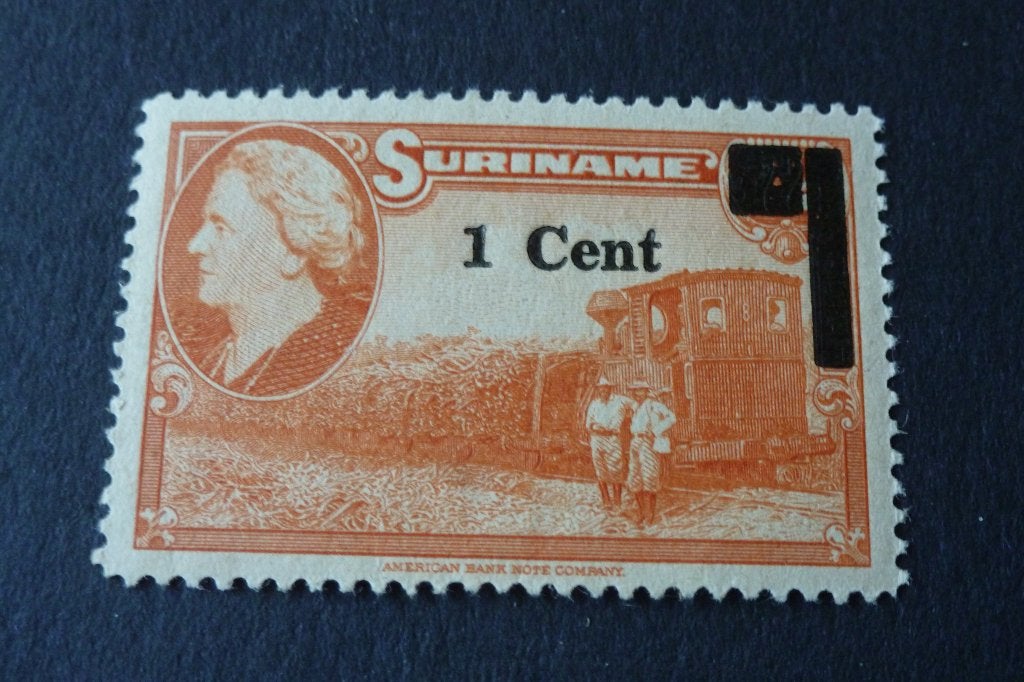 Postzegels - Suriname - 1 cent (postfris) en 5 ct gest 1950, Ophalen of Verzenden, Postfris