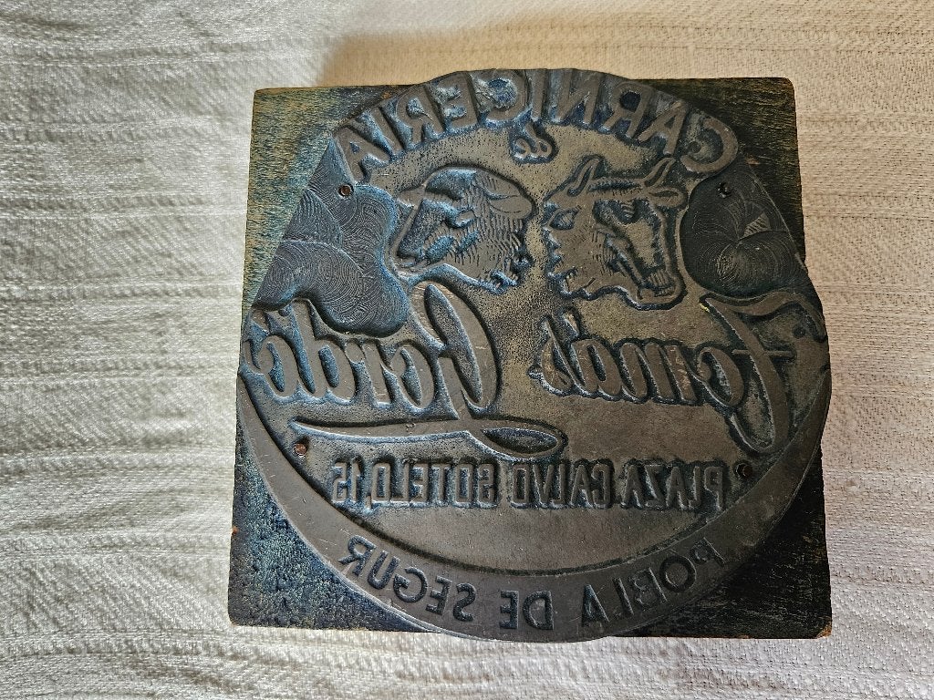 Antiek metalen stempel/ drukplaat, Spaans., Ophalen of Verzenden
