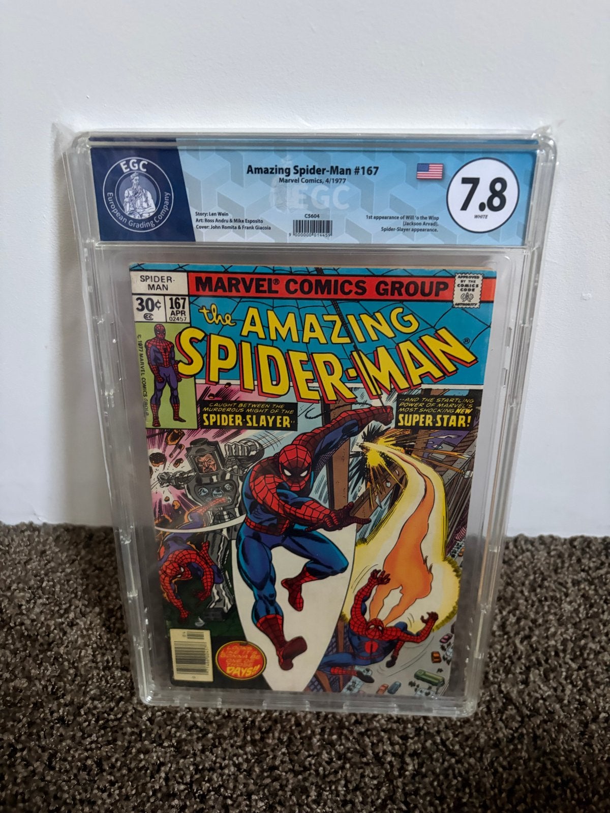 Amazing Spider-Man #167 EGC 7.8 - 1e verschijning Will O' Th, Eén comic, Verzenden, Zo goed als nieuw, Amerika