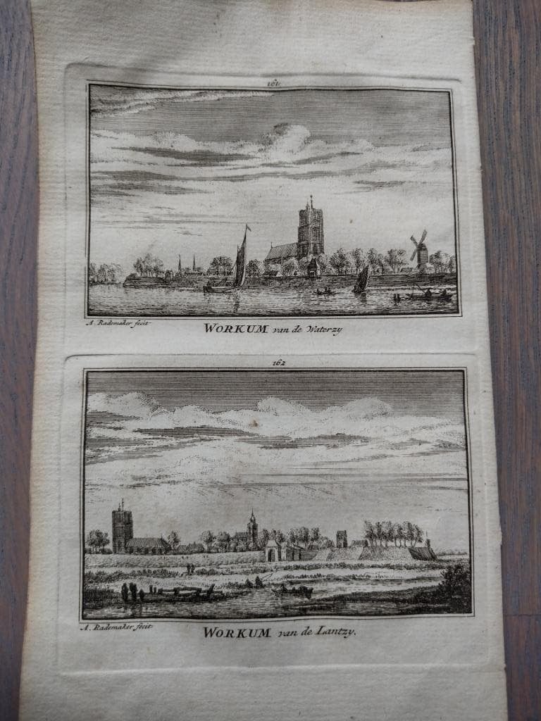 161/162  Workum  Woudrichem  Kopergravure 18e Eeuw, Antiek en Kunst, Kunst | Etsen en Gravures, Ophalen of Verzenden