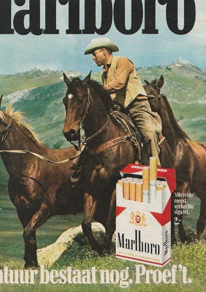 Retro reclame 1974 Marlboro sigaretten cowboy paarden, Verzenden, Overige typen