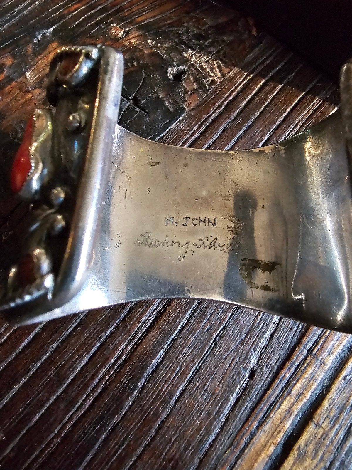 Zware Navajo Sterling Zilveren Horlogemanschet K. Joh, Gebruikt, Ophalen of Verzenden, Met edelsteen, Zilver