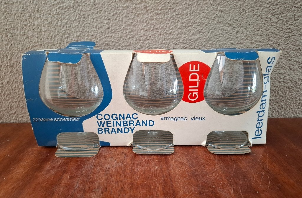 3 Vintage Leerdam Gilde cognacglazen + verpakking ongebruikt, Ophalen of Verzenden, Zo goed als nieuw, Overige typen