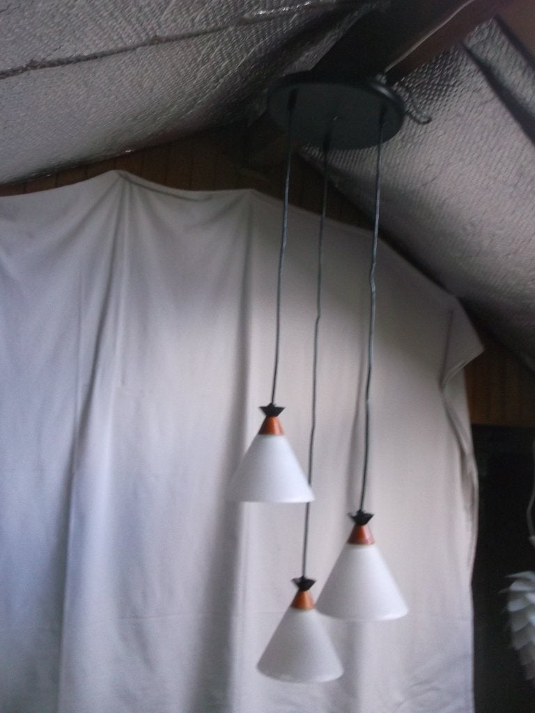 Hanglamp met drie schalen, Ophalen of Verzenden, Gebruikt, Glas, E14 (klein)