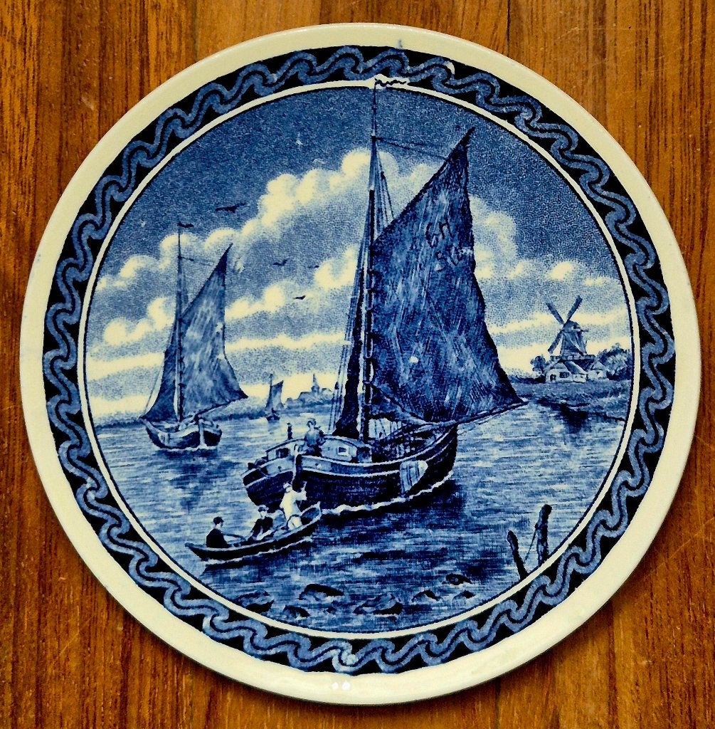 Vintage delfts blauw wandbord Zeilboot Hollandia, Ophalen of Verzenden