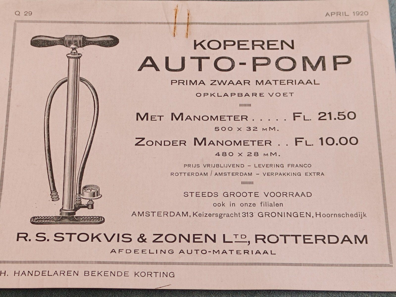 1920, R.S.STOKVIS & ZONEN, KOPEREN AUTO-POMP., Verzenden, Gebruikt, Overige typen