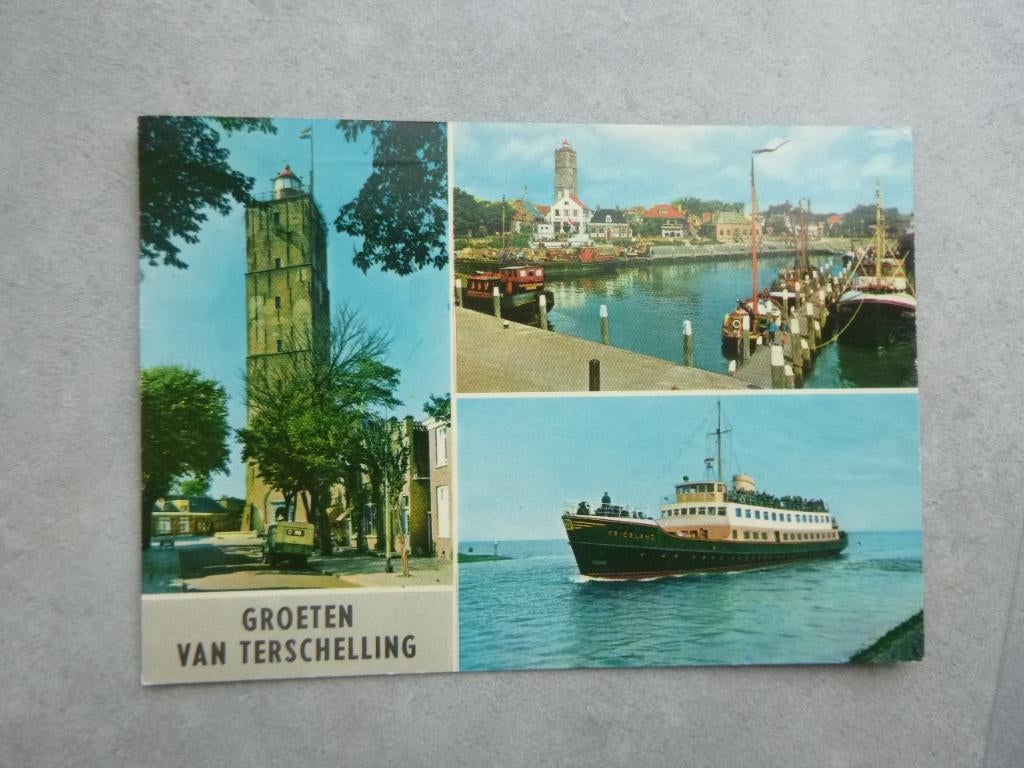 groeten van Terschelling, vuurtoren/havengezicht/aankomst, Verzenden, 1960 tot 1980, Gelopen, Waddeneilanden