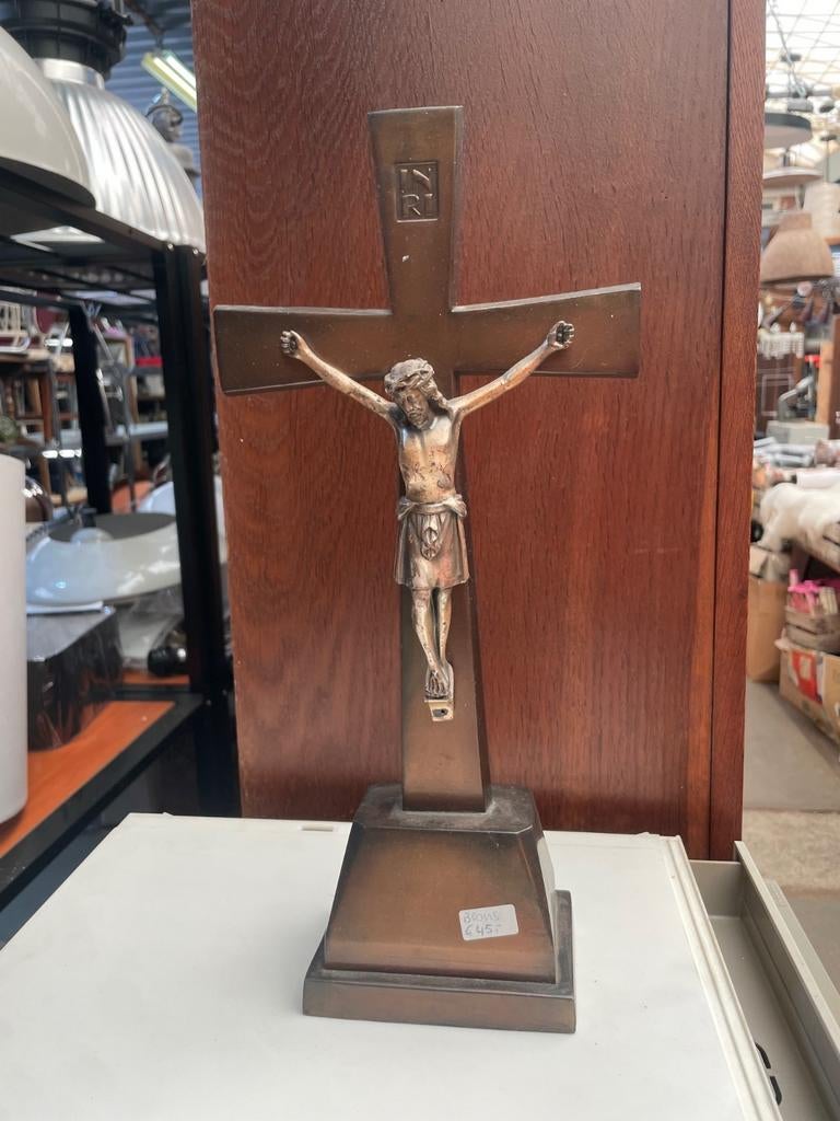 Bronzen beeld Jezus aan kruis - Religieuze kunst, Ophalen of Verzenden