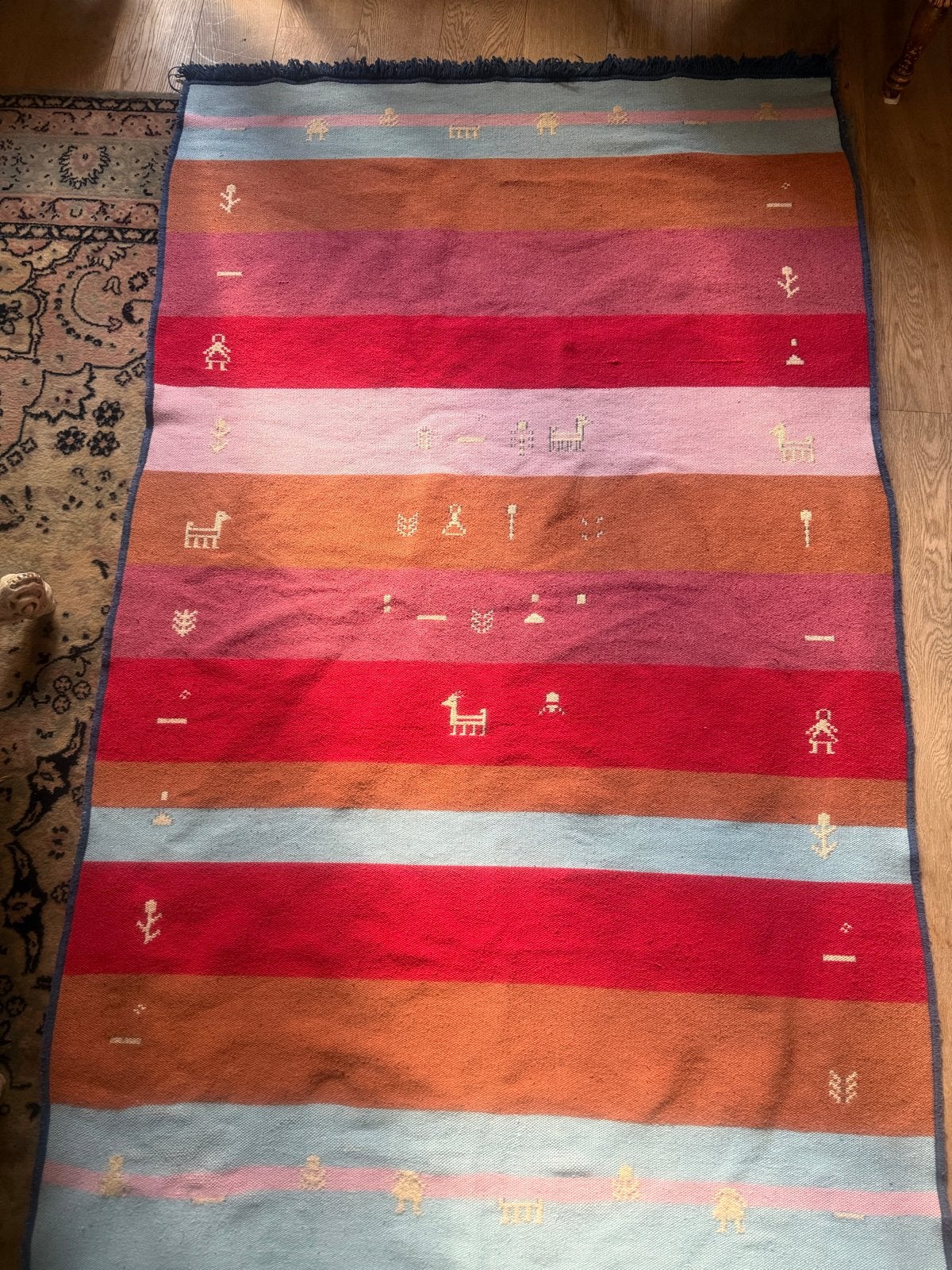 Vintage Handgeweven Gabbeh-kelim Tapijt - Blauw/Meerkleurig, Gebruikt, 100 tot 150 cm, Blauw, Ophalen of Verzenden