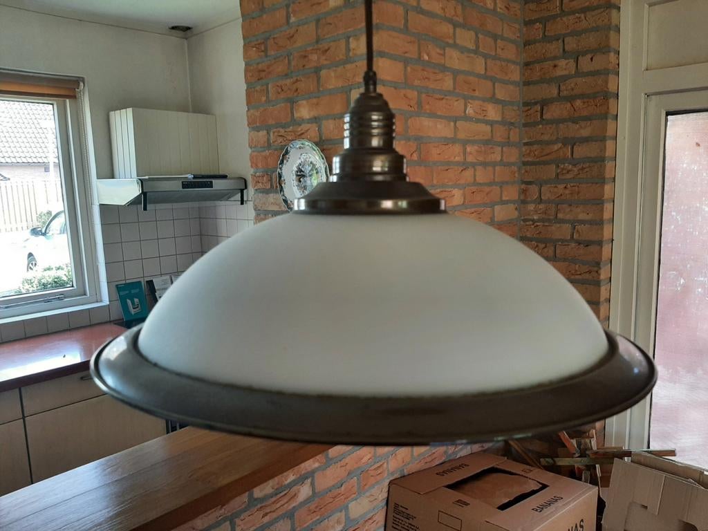 Vintage katrol hanglamp brons en glas, Ophalen, Zo goed als nieuw, Glas, 75 cm of meer