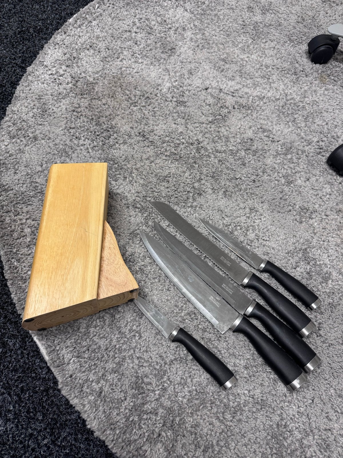 Messenset met houten blok - 5-delig, Gebruikt, Los bestek, Ophalen of Verzenden, Rvs of Chroom