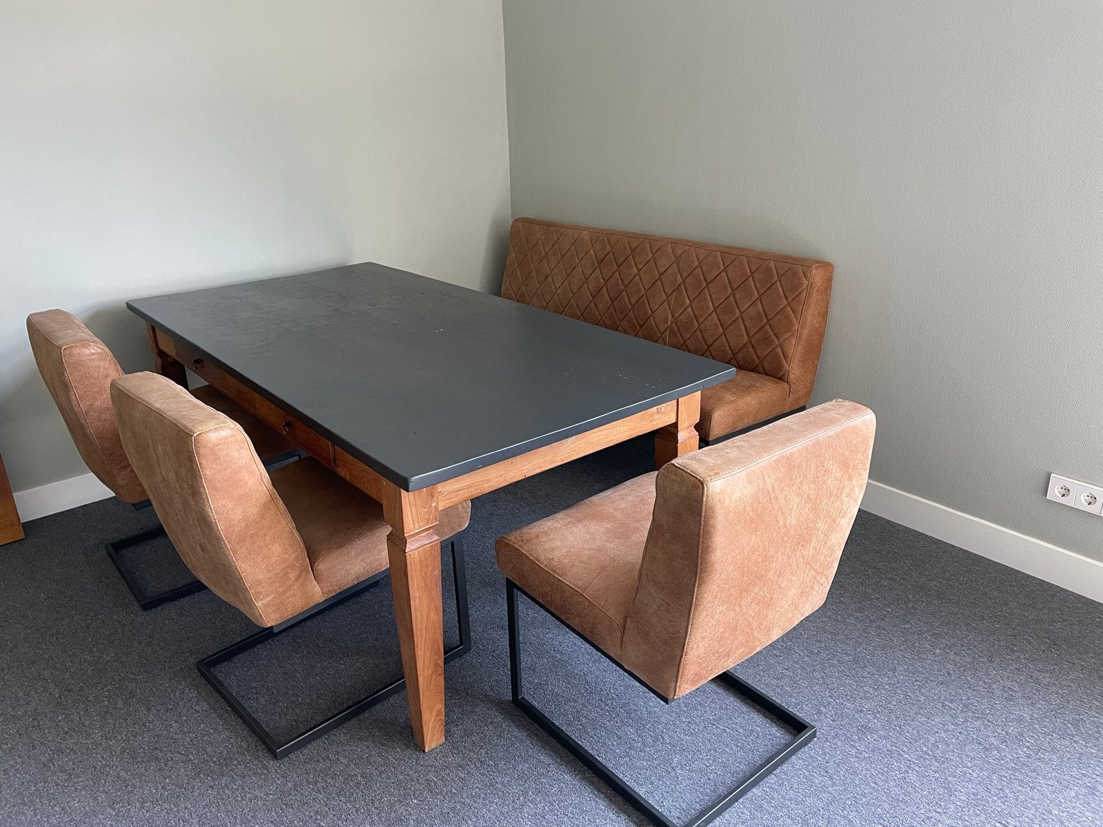 Mooie eetkamer set met 3 stoelen en bank - bruin leer, Ophalen, Gebruikt, 200 cm of meer, 50 tot 100 cm