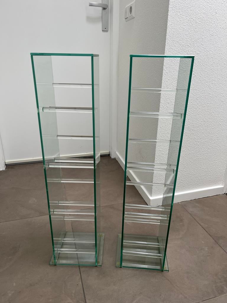 Glazen CD standaard - 76 cm hoog -2 stuks, Ophalen, Met plank(en), Minder dan 50 cm, Gebruikt