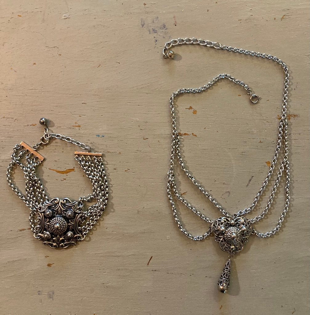 Victoriaanse sieraden boho ketting armband set verzilverd, Ophalen of Verzenden, Overige materialen, Overige typen