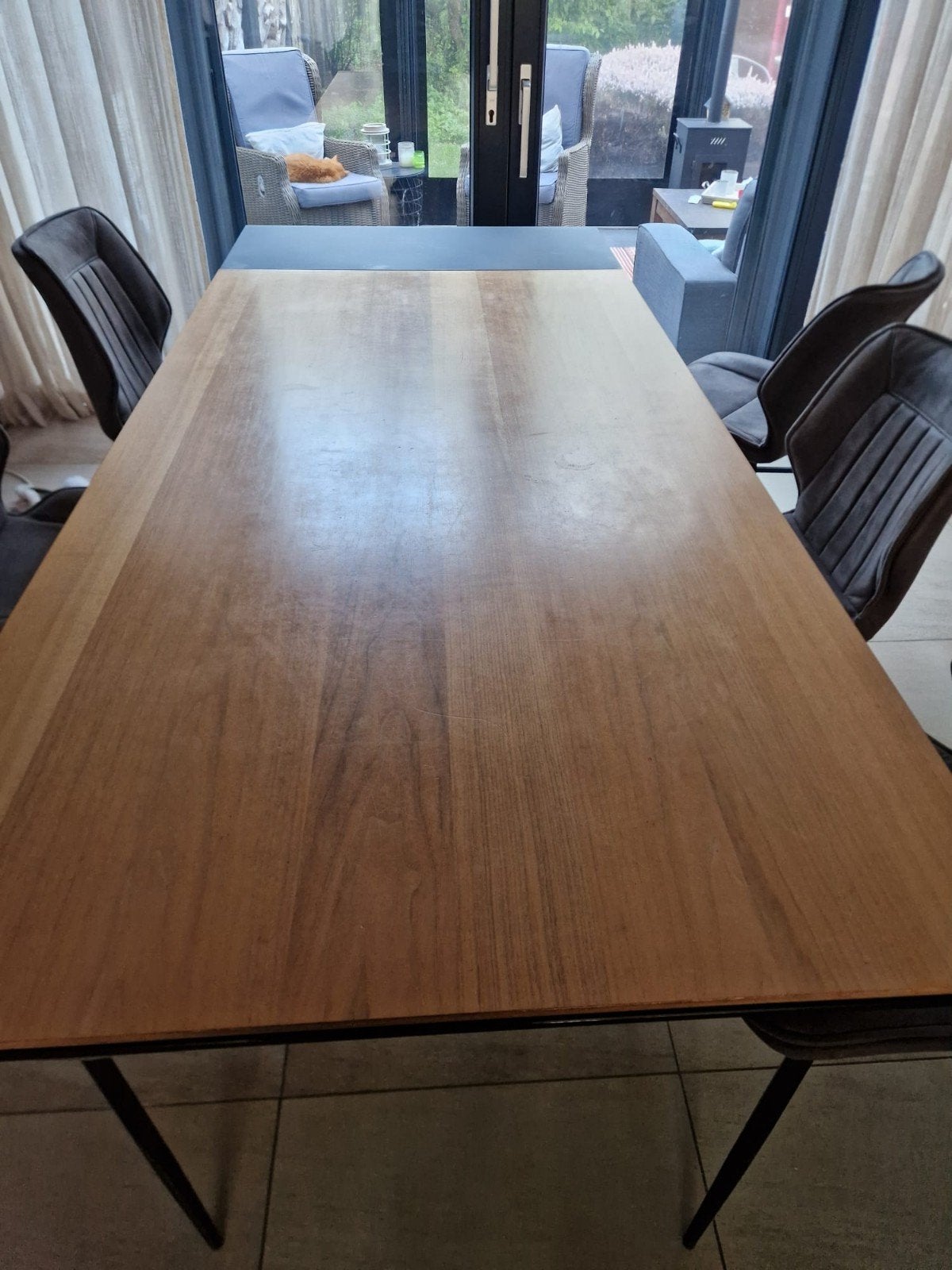 Moderne eettafel met houten blad en kolompoot, Ophalen, Gebruikt, 200 cm of meer, 50 tot 100 cm