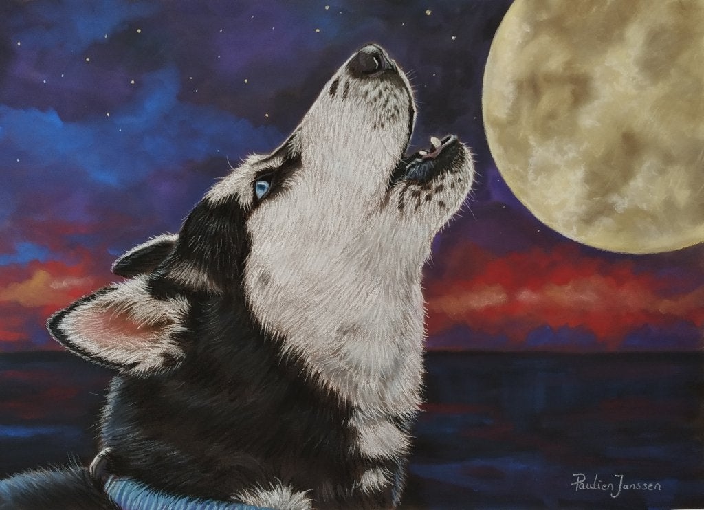 Schilderij husky - GRATIS VERZENDING - origineel cadeau, Ophalen of Verzenden, Gesigneerd, Pastel, Dieren