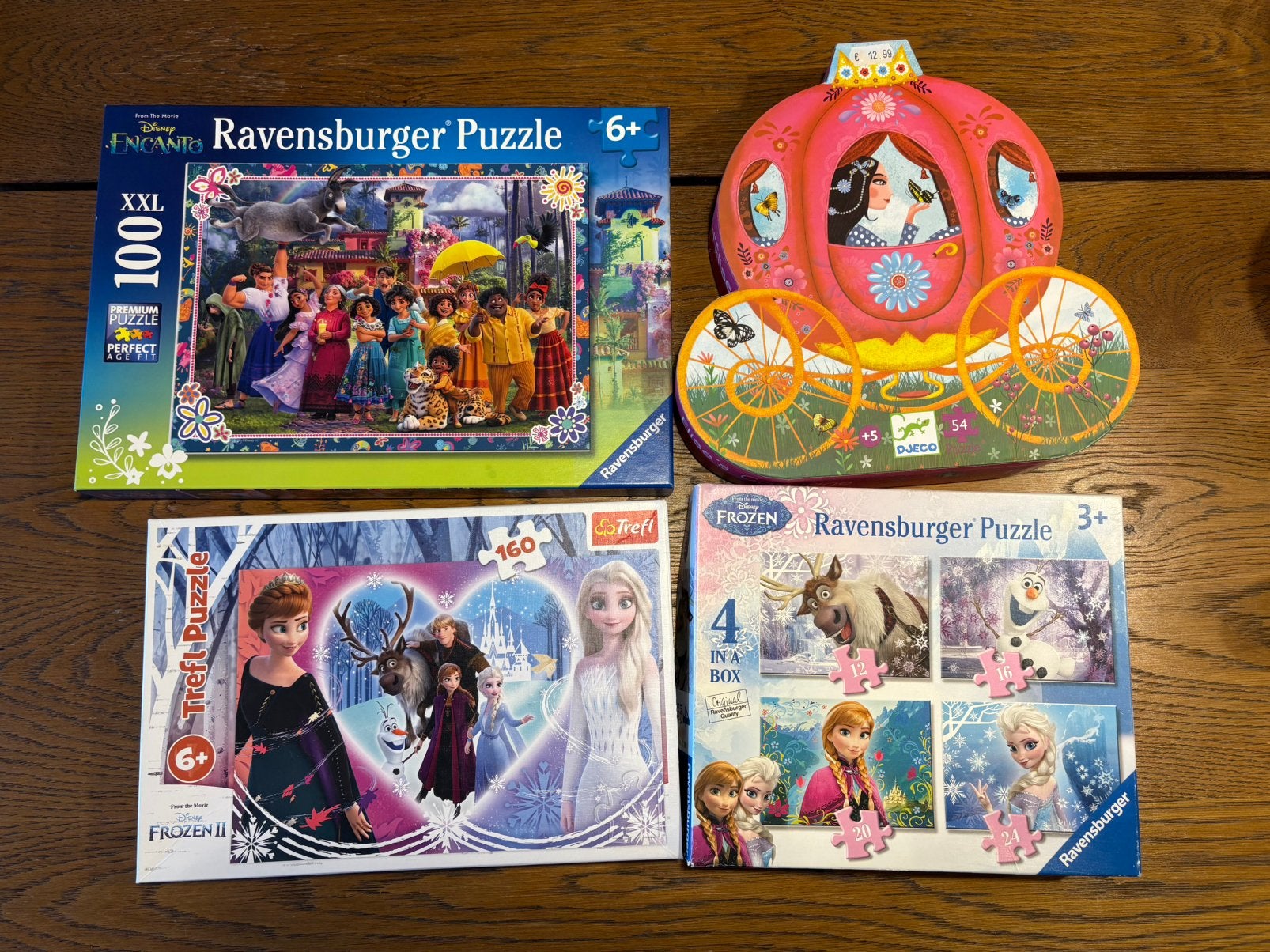 4 kinderpuzzels—Ravensburger, Djeco | Disney Encanto Frozen, Kinderen en Baby's, Ophalen of Verzenden, 10 tot 50 stukjes, Zo goed als nieuw