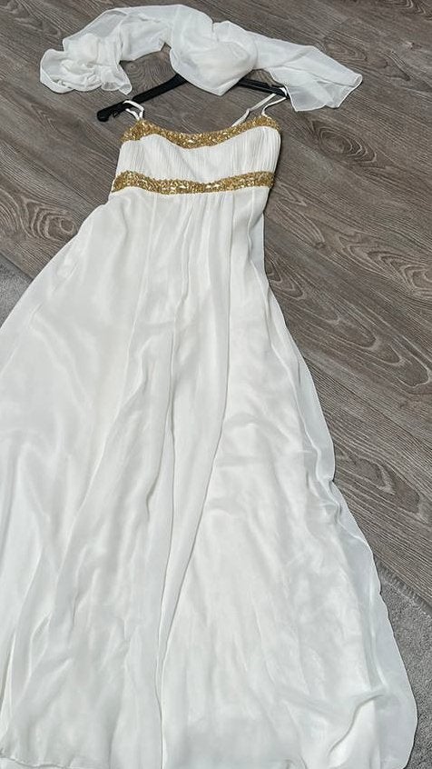 Creme  / wit goud avondjurk of trouw, Ophalen of Verzenden, Zo goed als nieuw, Beige, Trouwjurk