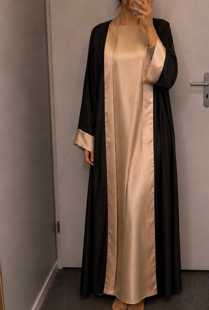 2 delige satijnen abaya, zwart/goud, nieuw, Kleding | Dames, Zwart, Maat 42/44 (L), Nieuw, Ophalen of Verzenden